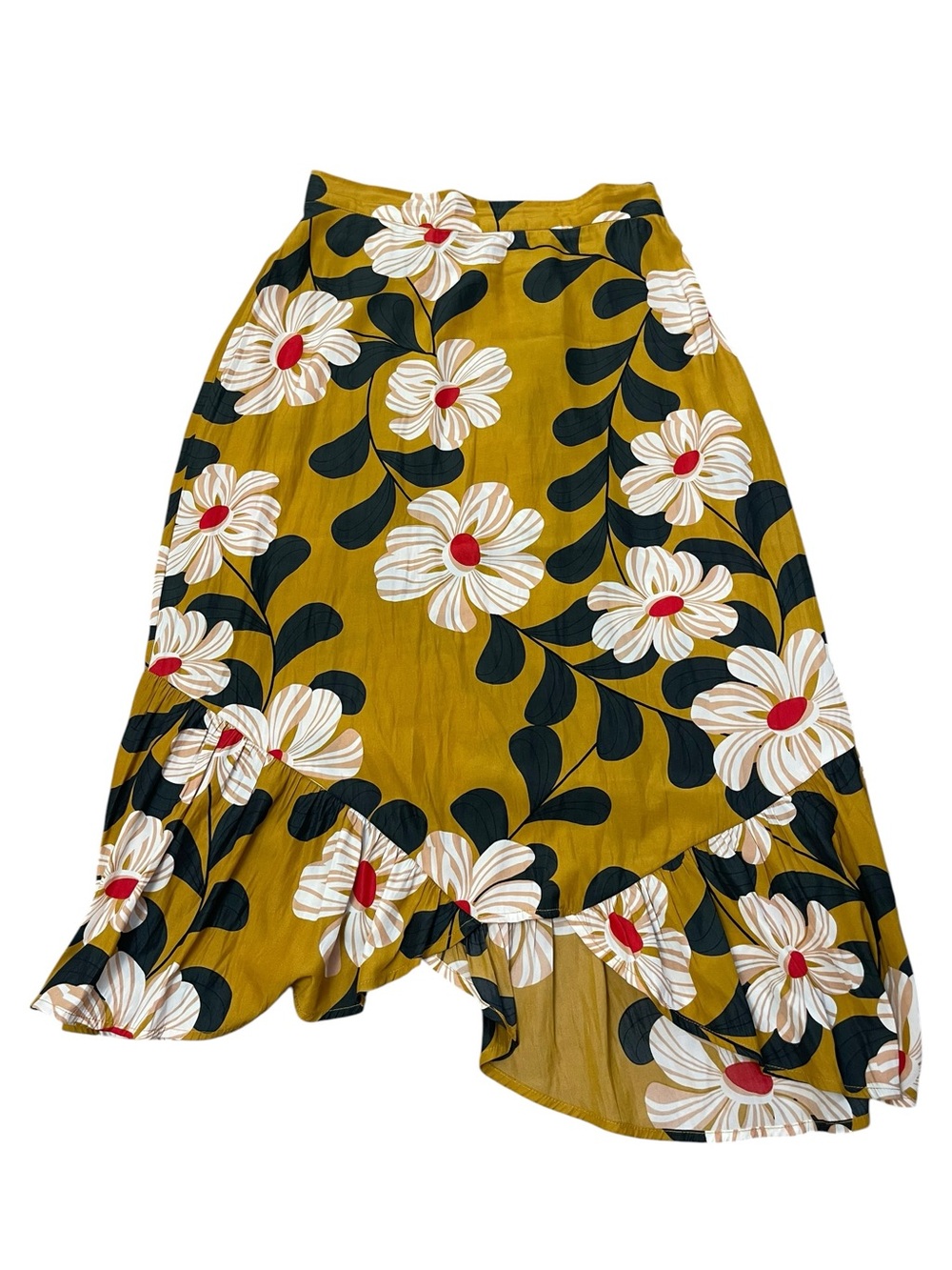 Anthropologie Eva Franco Mustard Floral Asymmetrical Ruffle Skirt